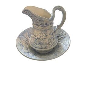 Witches Pursuit Pitcher And Basin Antique 1973 Blue Ceramic RARE